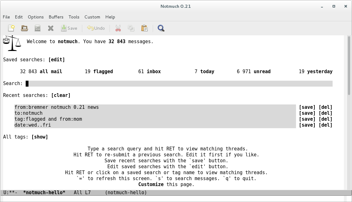 screenshot of the notmuch-hello view